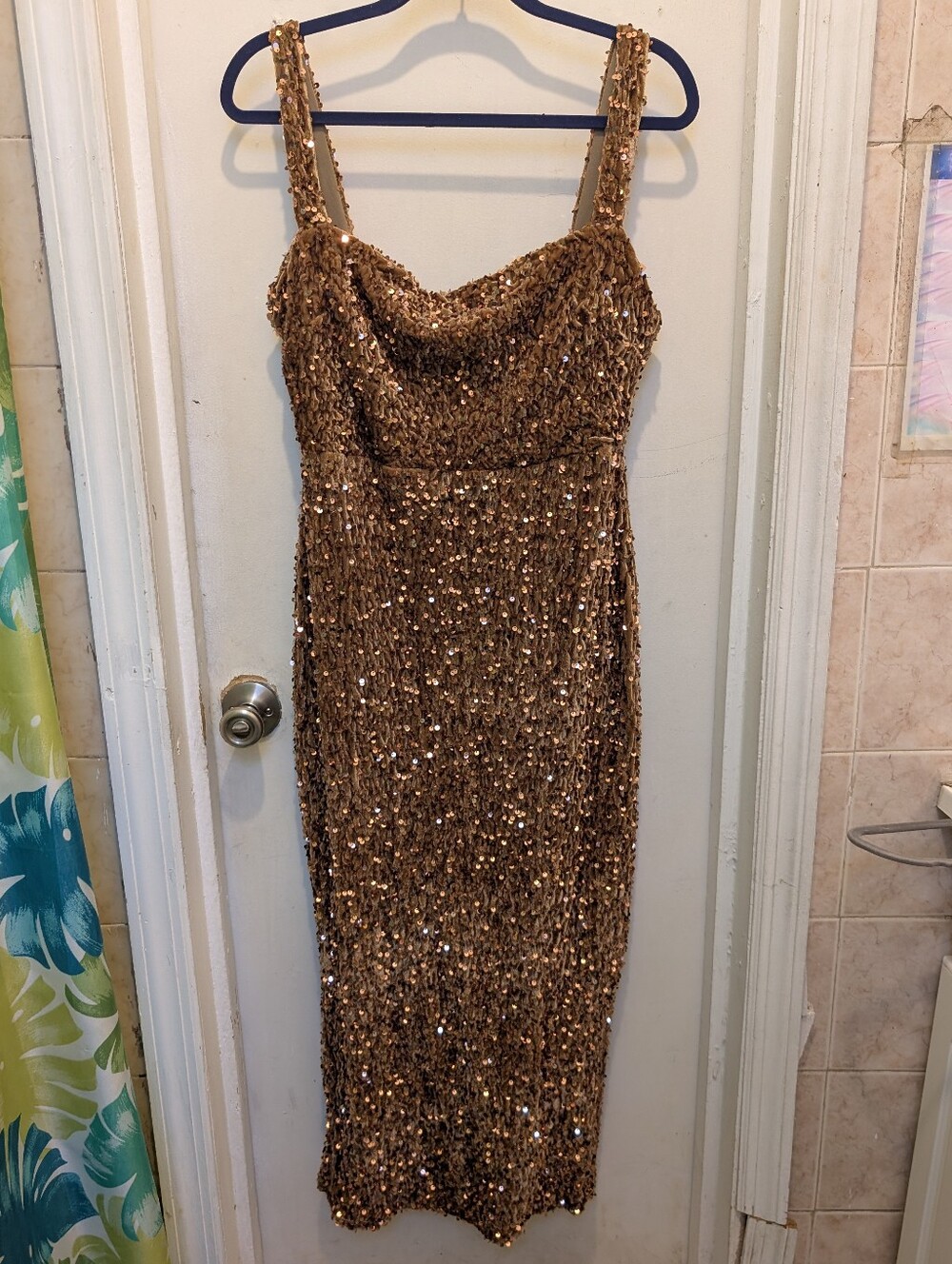 Miss Ord Gold Sequin Velvet Dress XL Cocktail Party Semi-Formal Stretchy Maxi